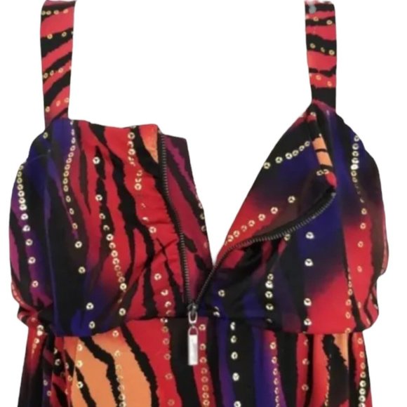 NY Collection Dress Womens L Midi Multicolored Sequins Zip Chest Flowy Stretch - Picture 3 of 6